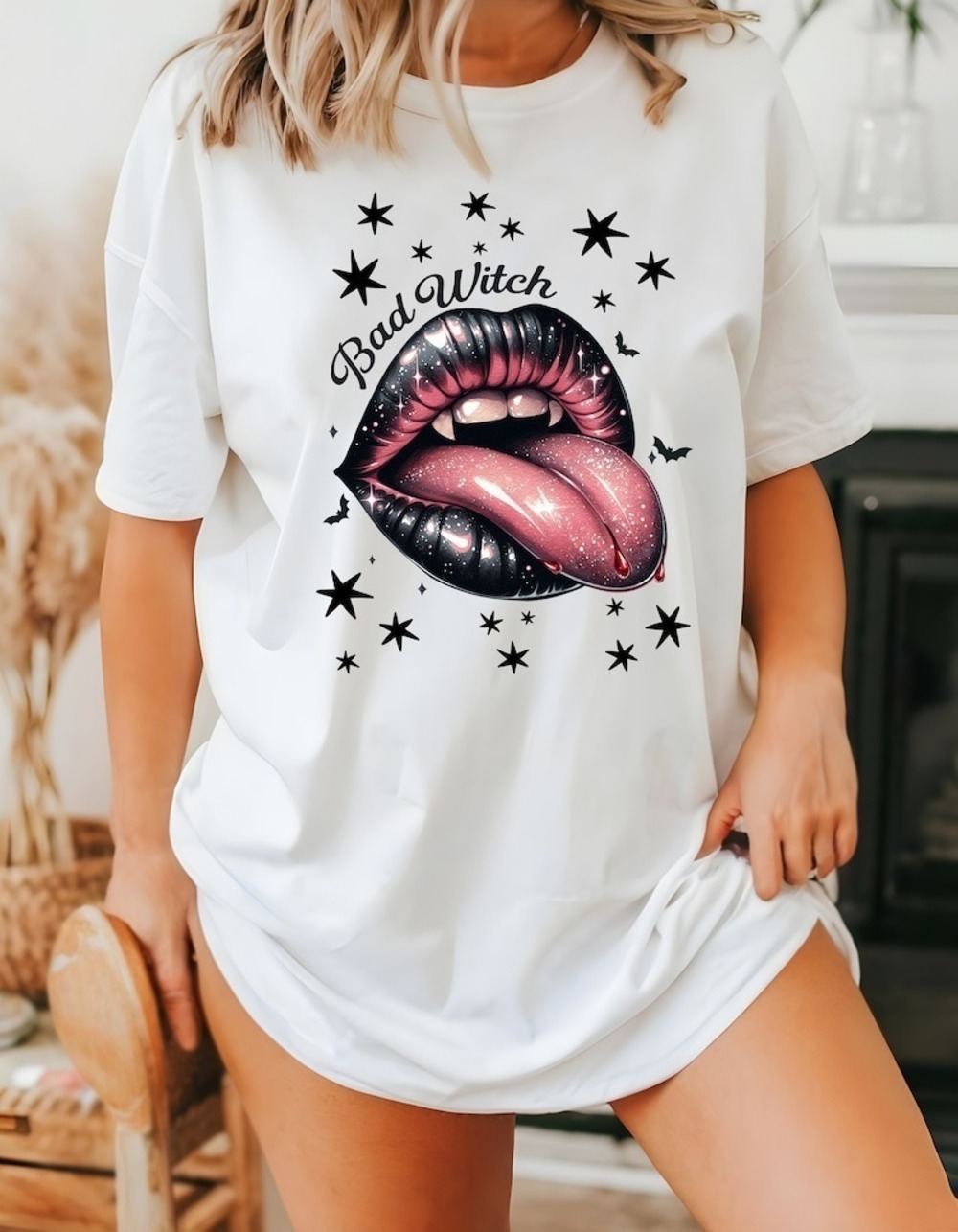 Bad Witch Halloween T-Shirt Spooky LIPS Witchy Vibes Tee For Her